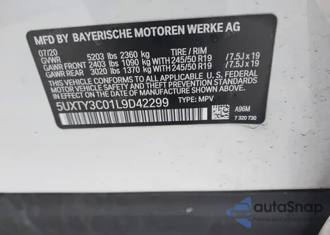 2020 BMW X3 Sdrive30I из США, поврежденный, VIN 5UXTY3C01L9D42299